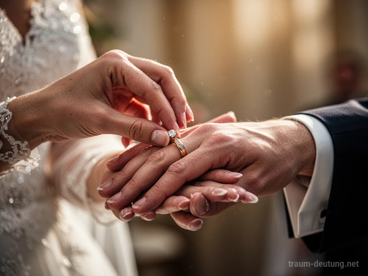 Hand reicht einen Ehering an eine andere Hand.