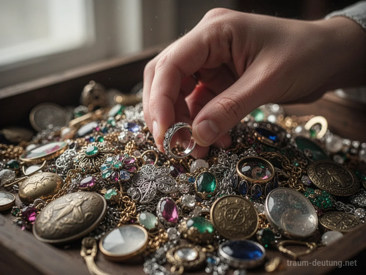 Eine Hand sucht in einer Kiste mit Schmuck nach einem Ehering.