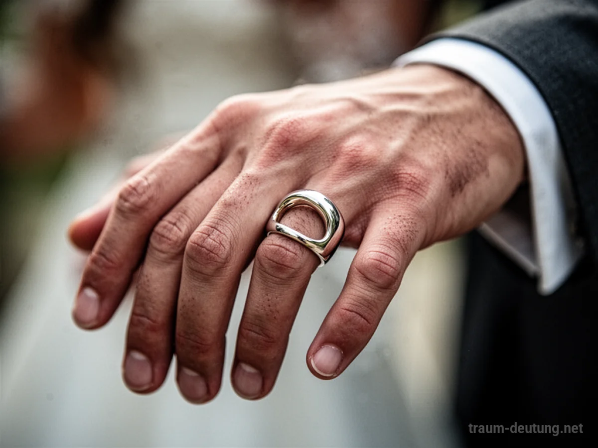 Hand mit einem zu großen Ehering, der vom Finger rutscht.
