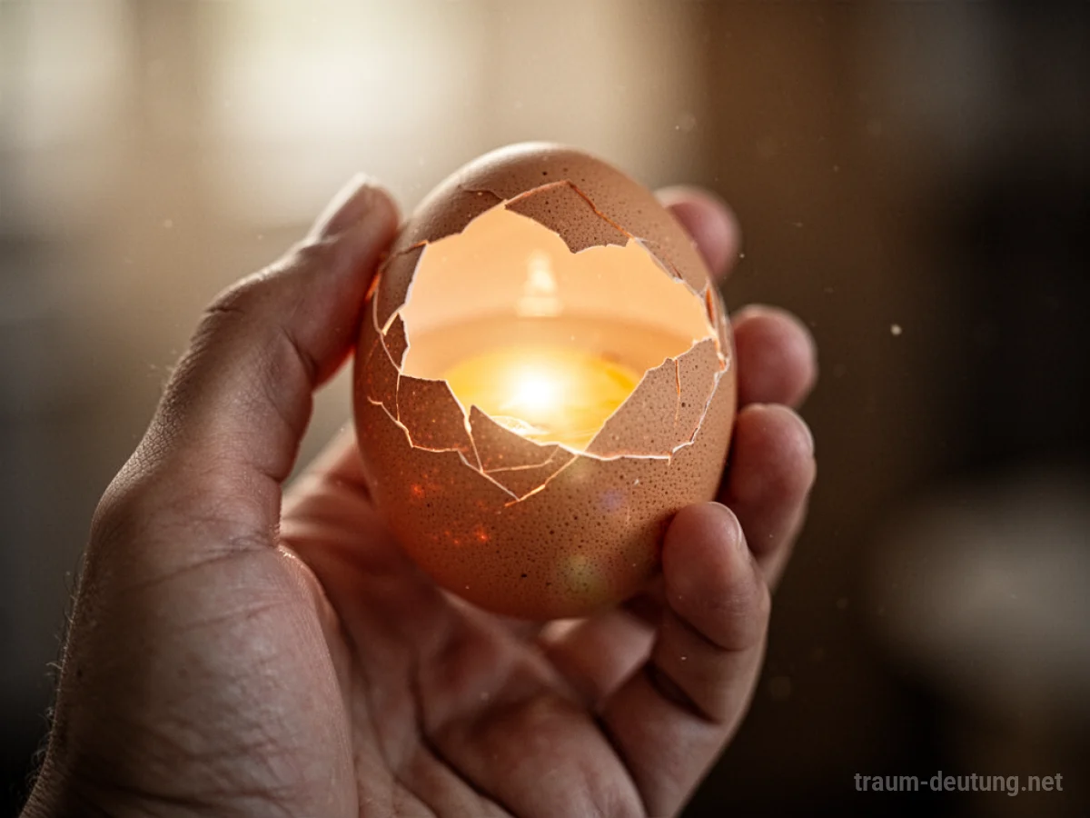 Ein aufgeschlagenes Ei in der Hand, aus dem sanftes Licht strahlt.