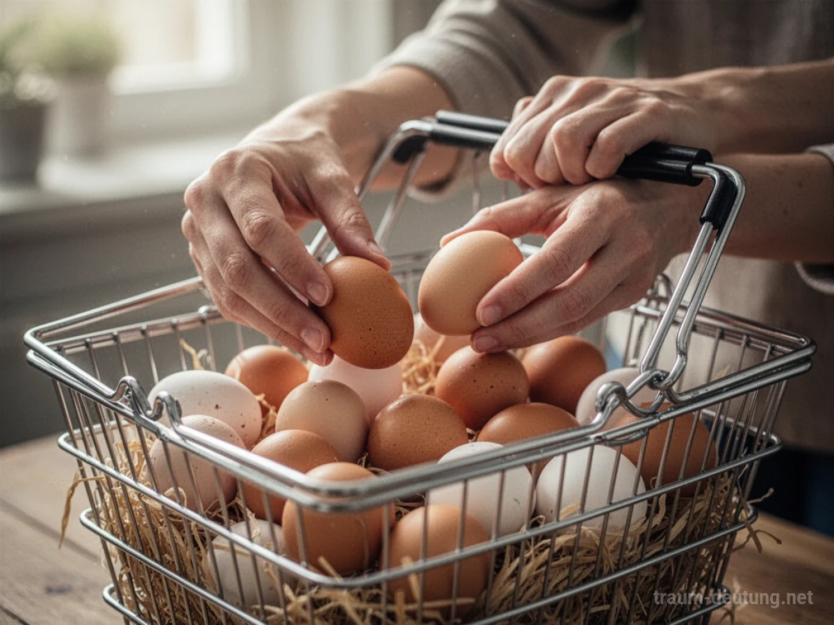 Hände legen frische Eier in einen Einkaufskorb