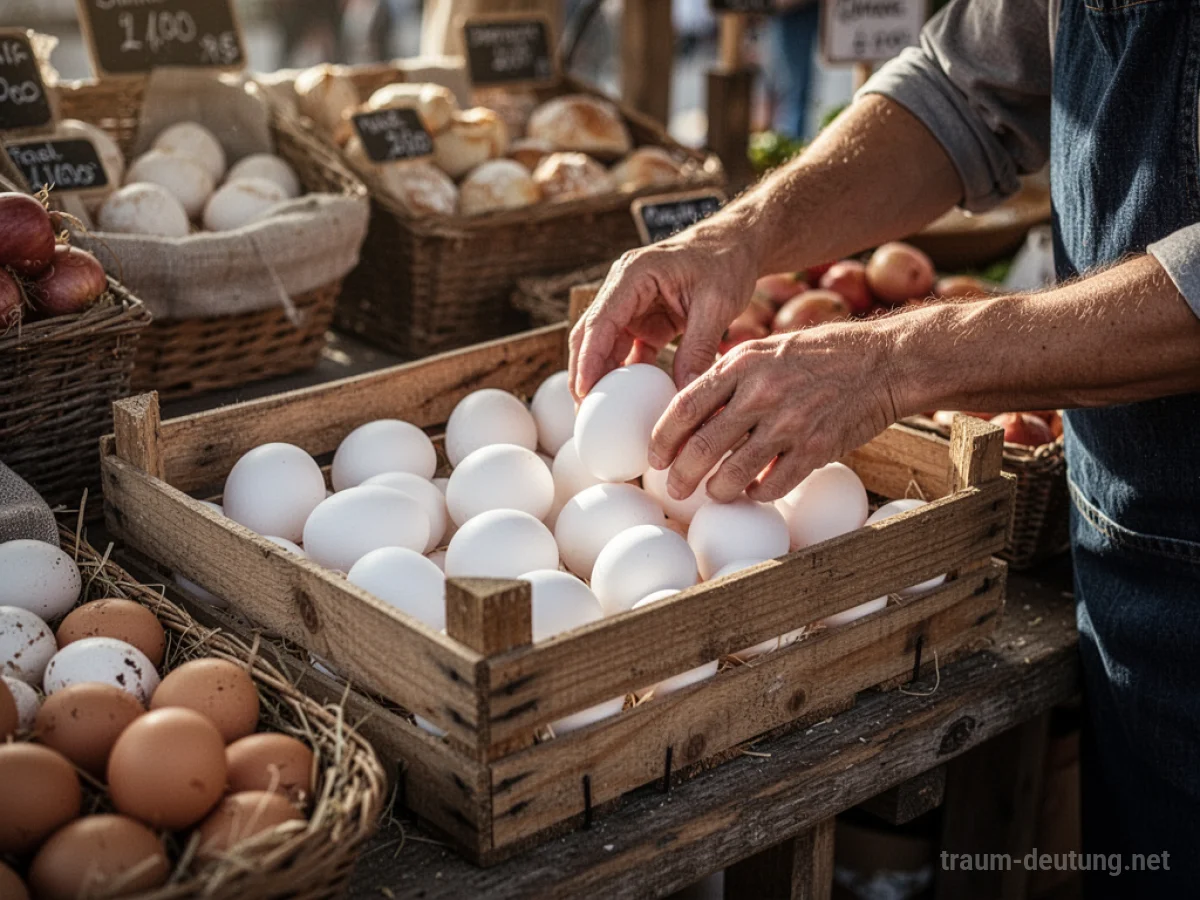 Hände ordnen weiße Eier in Holzkiste auf einem Marktstand.