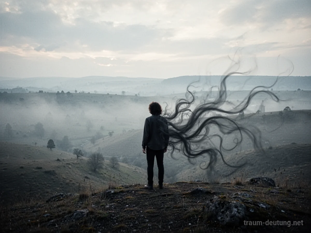 Eine Person steht isoliert am Rand einer nebligen Landschaft, von ihr gehen dunkle Schatten aus.