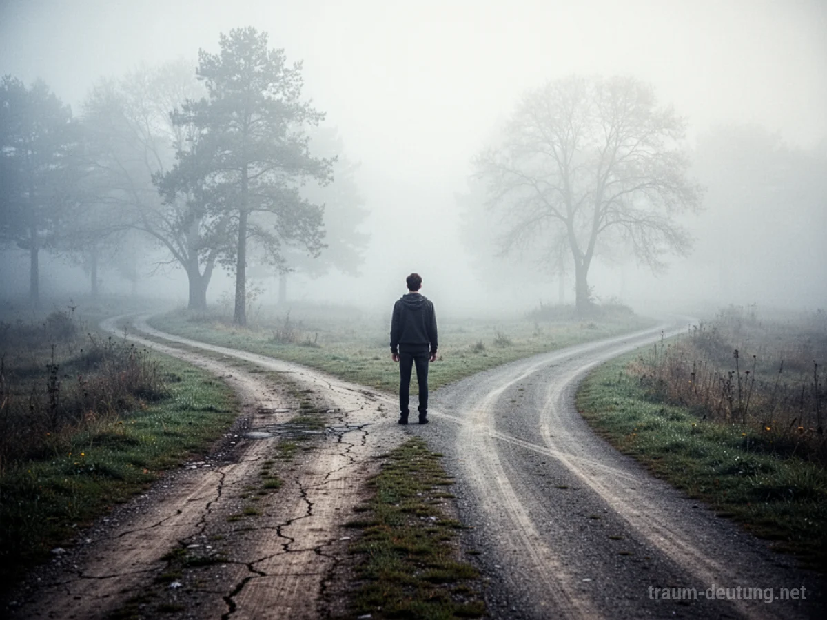 Eine Person steht an einer Weggabelung, die Wege führen in Nebel.