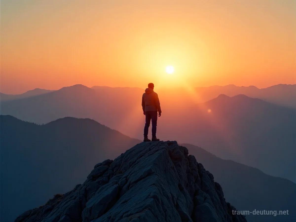 Eine Person erreicht einen Berggipfel und schaut auf die aufgehende Sonne.