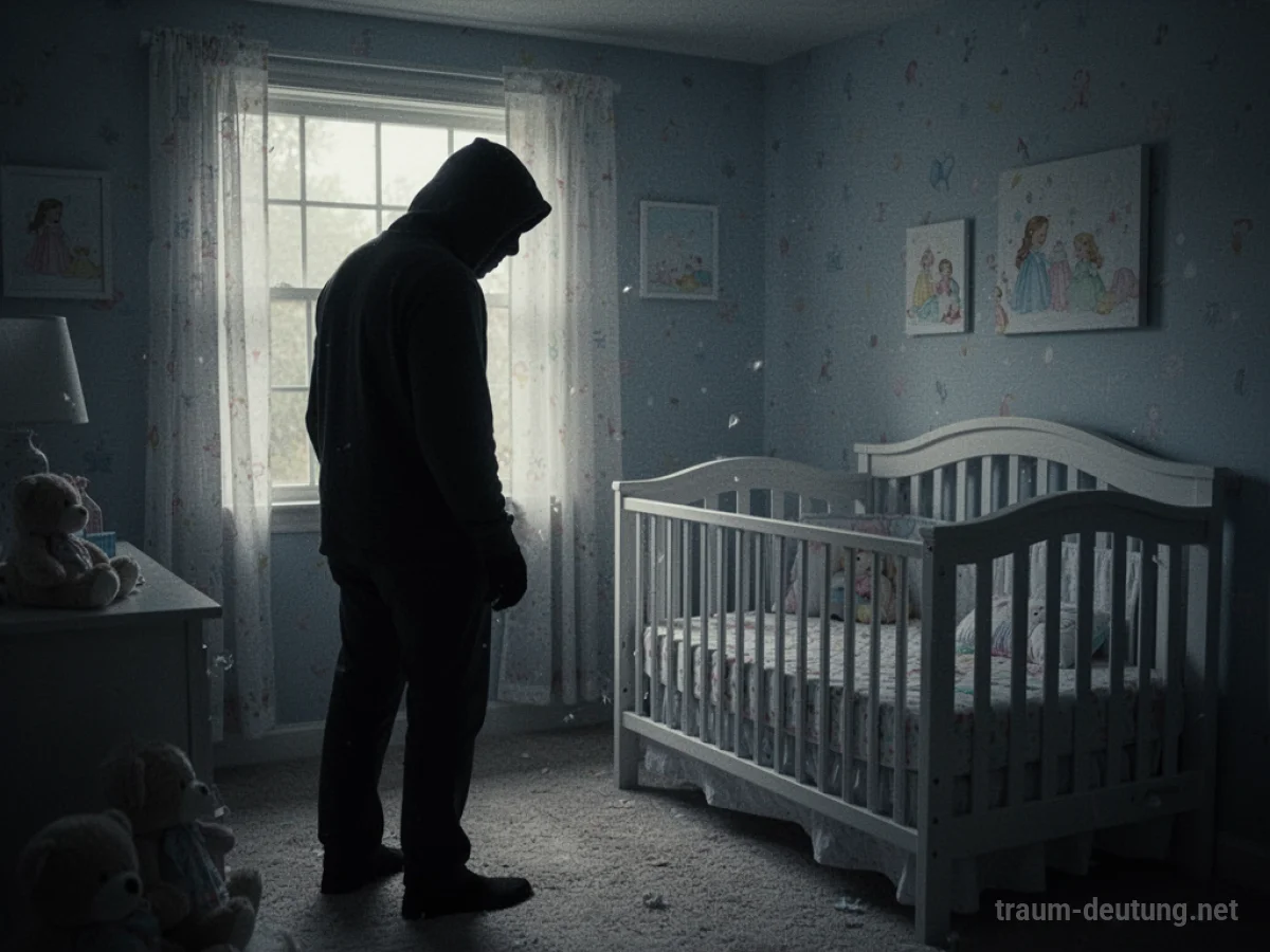Schattenhafte Figur eines Einbrechers im dunklen Kinderzimmer, die zum Kinderbett blickt.