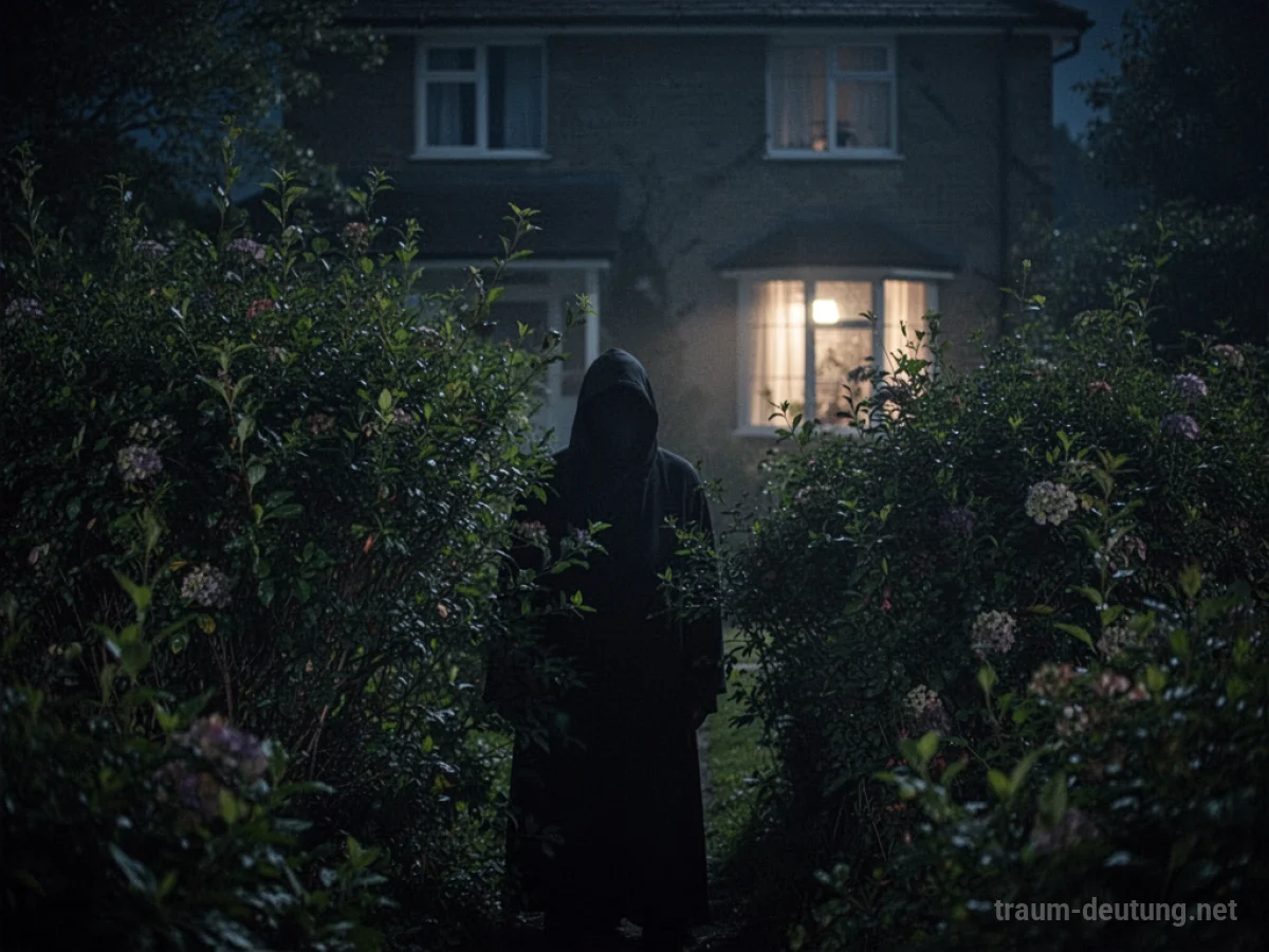 Schattenhafte Figur hinter Gartenbüschen bei Nacht