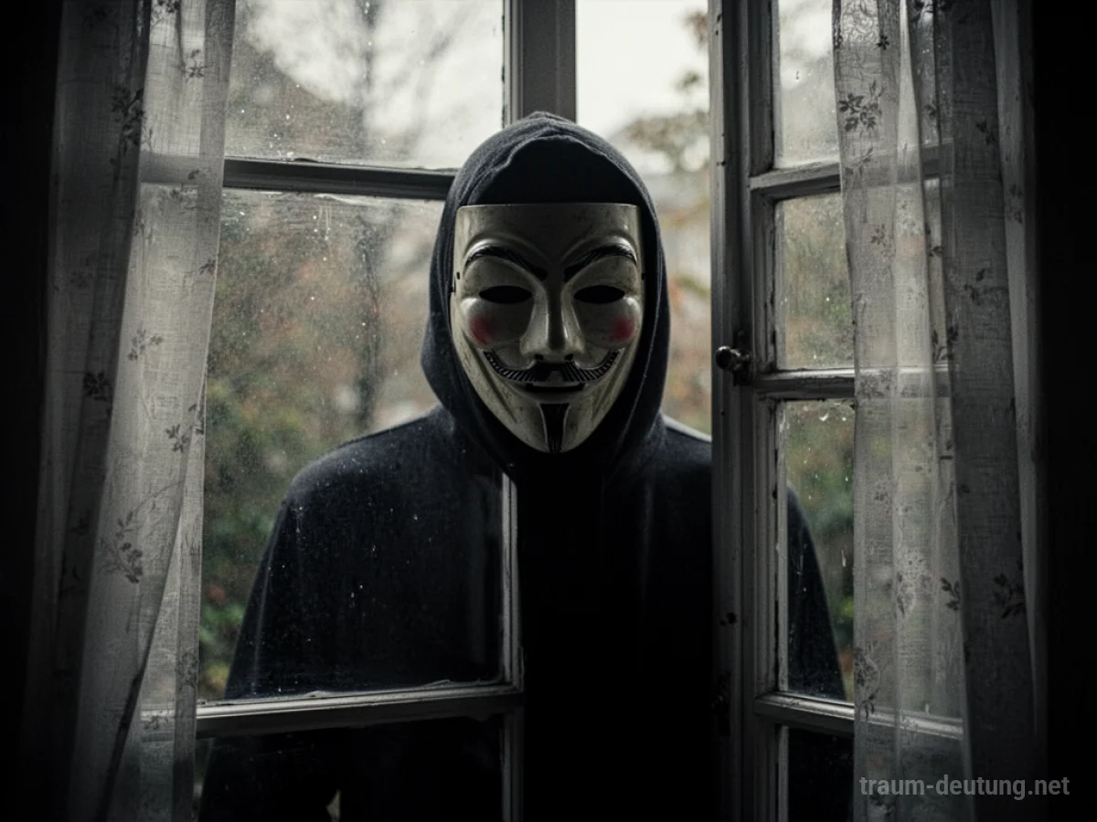 Schattenhafte Figur mit Maske vor einem Fenster
