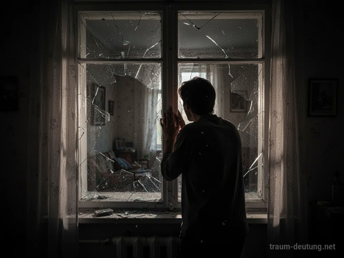Silhouette einer Person, die durch ein zerbrochenes Fenster in eine dunkle Wohnung blickt.
