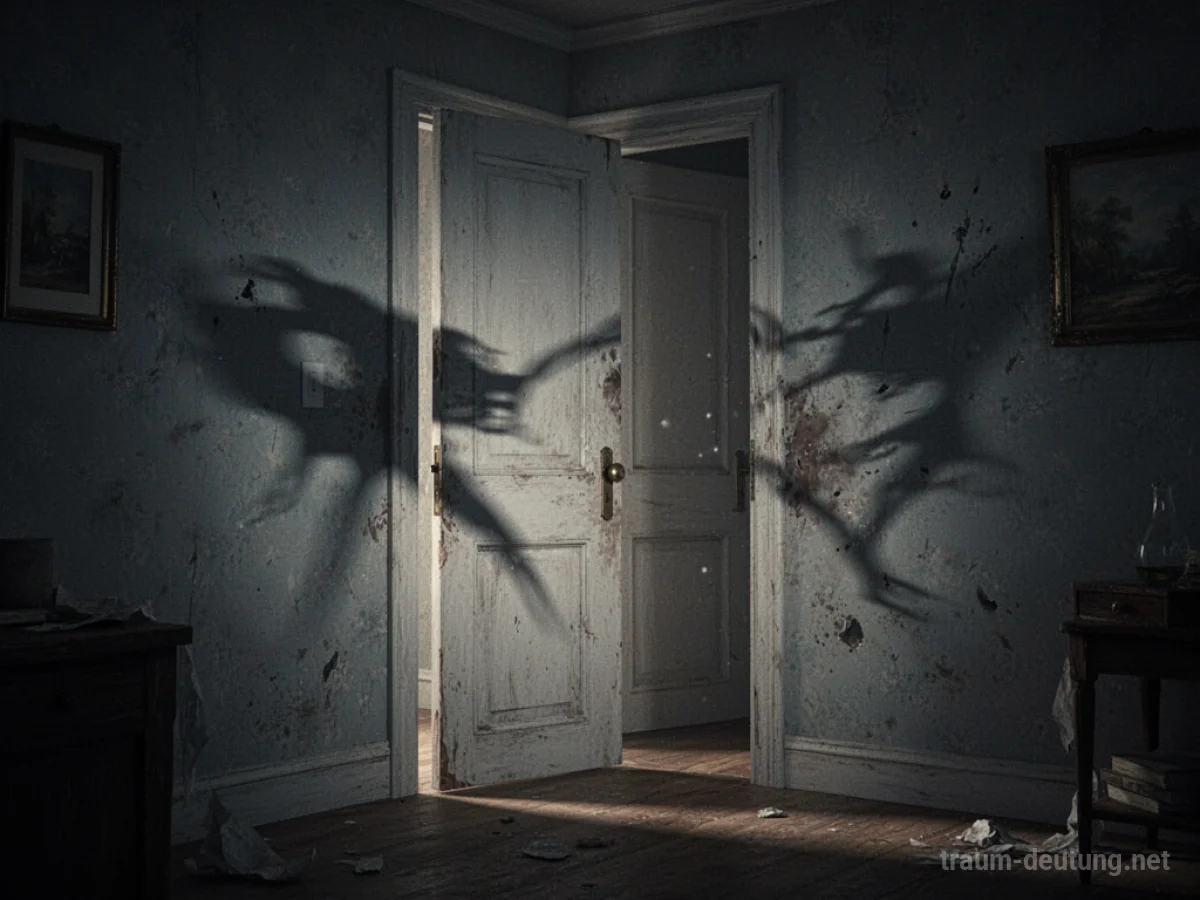 Einbruch bei Geschwistern im Traum, angedeutet durch eine leicht geöffnete Tür und Schatten.