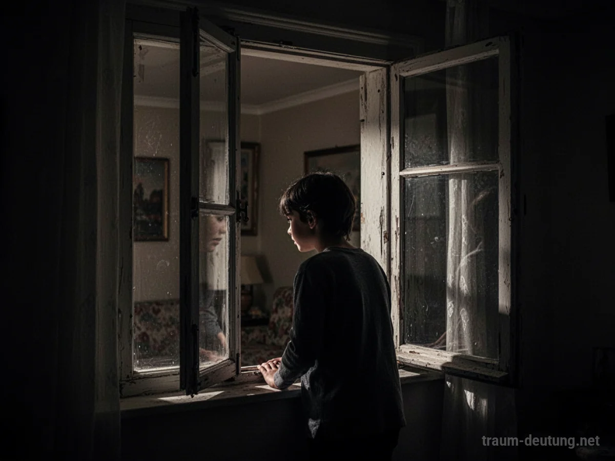 Silhouette einer Person blickt durch ein offenes Fenster in einen dunklen Raum.