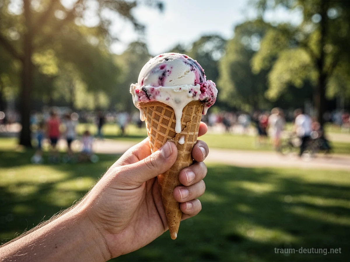 Hand hält schmelzendes Eis mit Park im Hintergrund