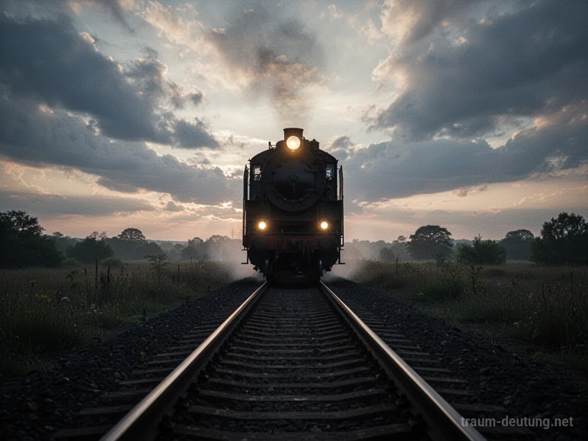 Eine Eisenbahn fährt bedrohlich auf den Betrachter zu auf dunklen Gleisen.