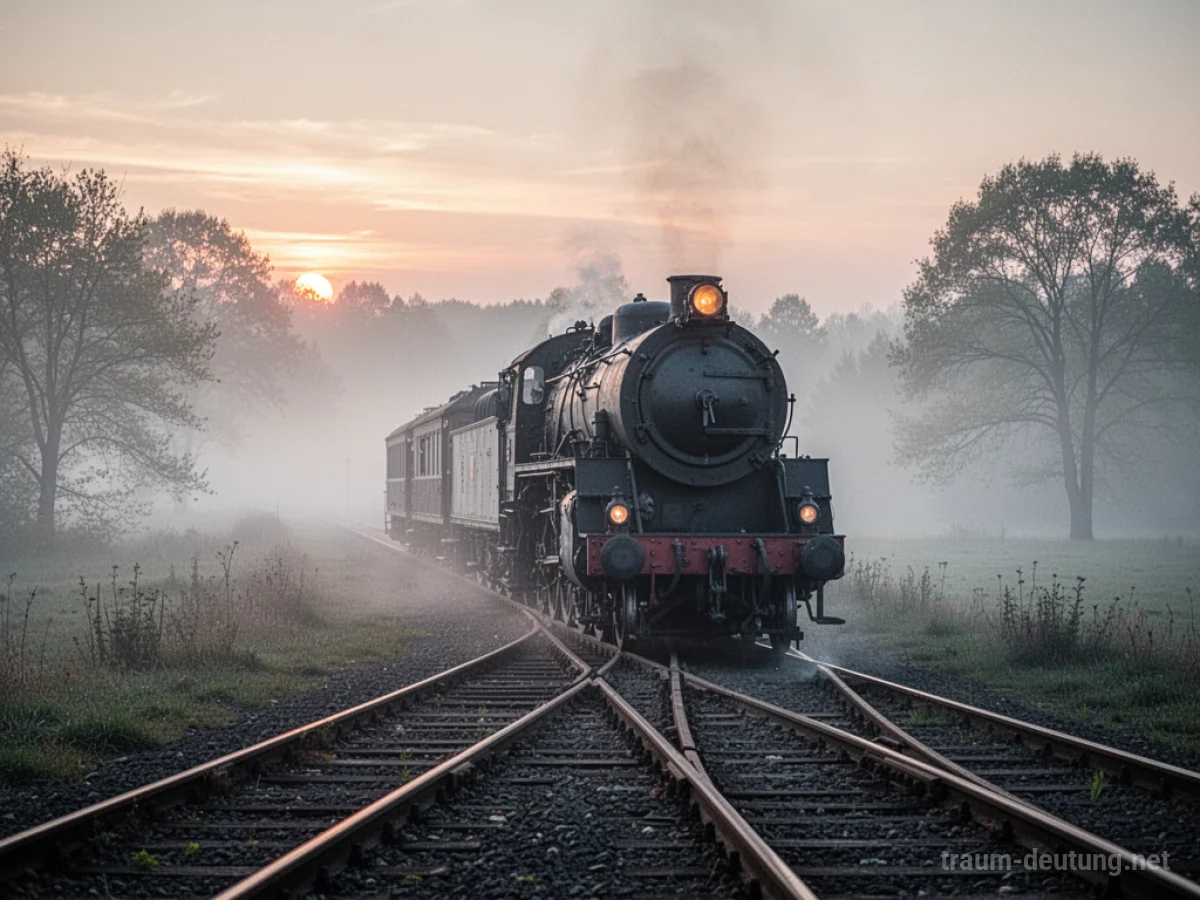 Eine langsame Eisenbahn fährt auf Schienen durch eine neblige Landschaft.