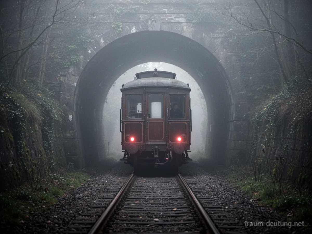 Eine alte Eisenbahn fährt rückwärts in einen nebligen Tunnel.