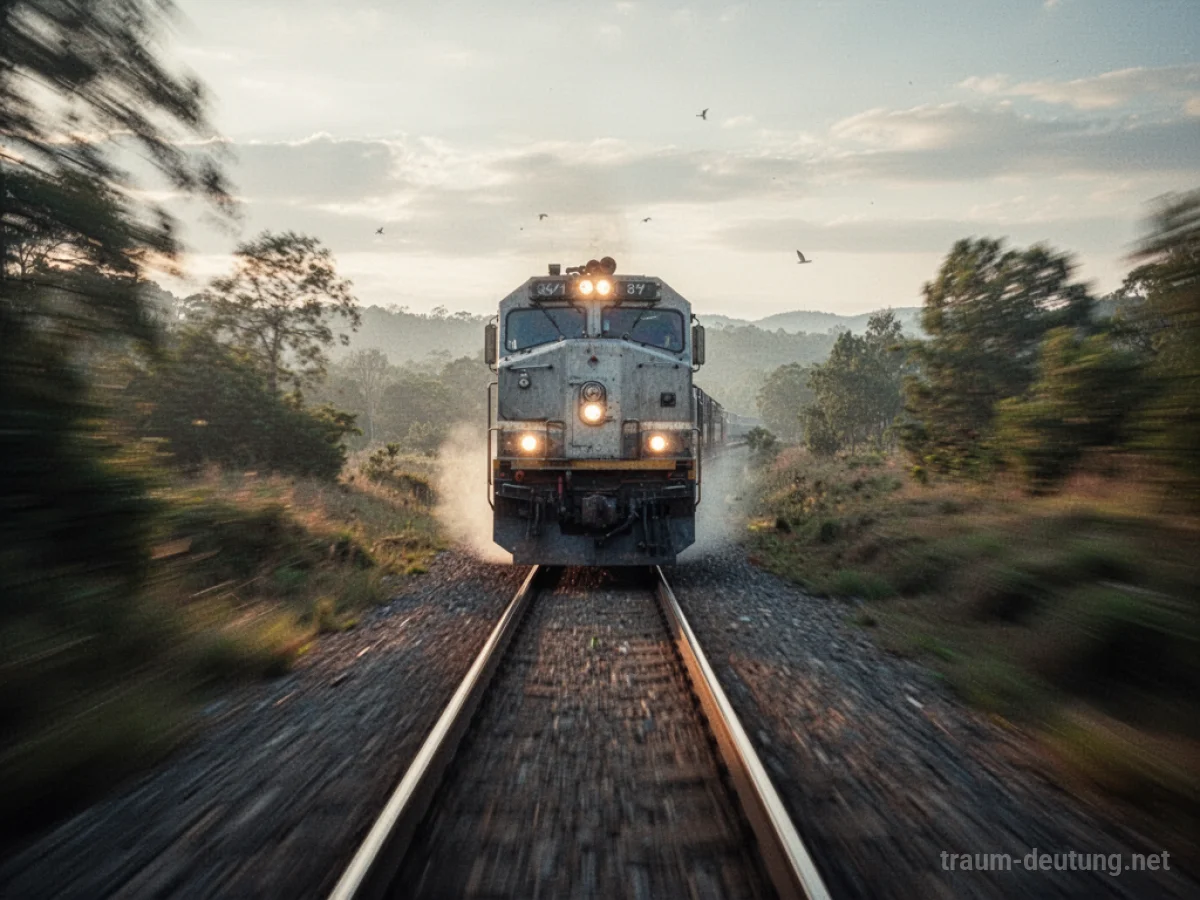 Schnell fahrende Eisenbahn auf einer Strecke mit verschwommener Landschaft.