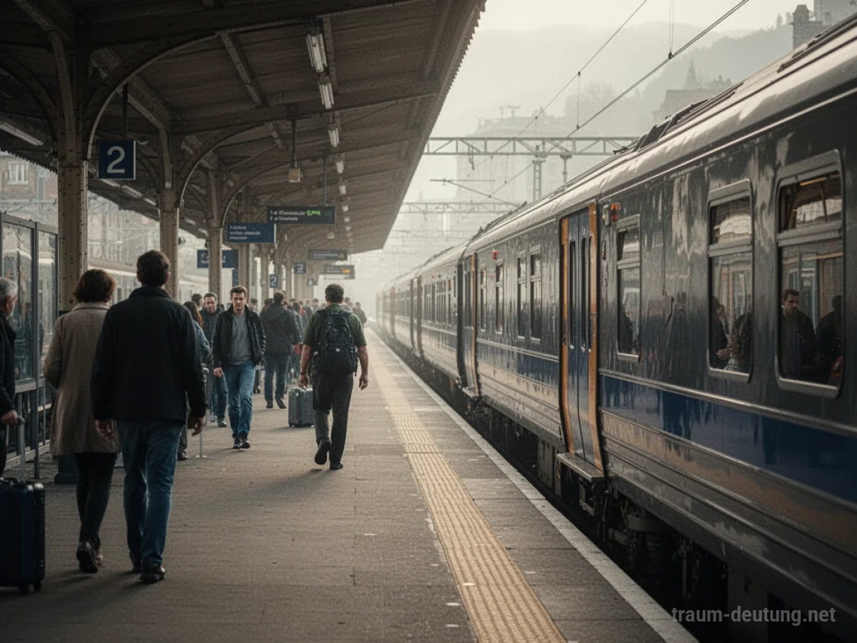 Eine Eisenbahn steht auf einem Bahnhofsgleis, Menschen warten auf dem Bahnsteig.
