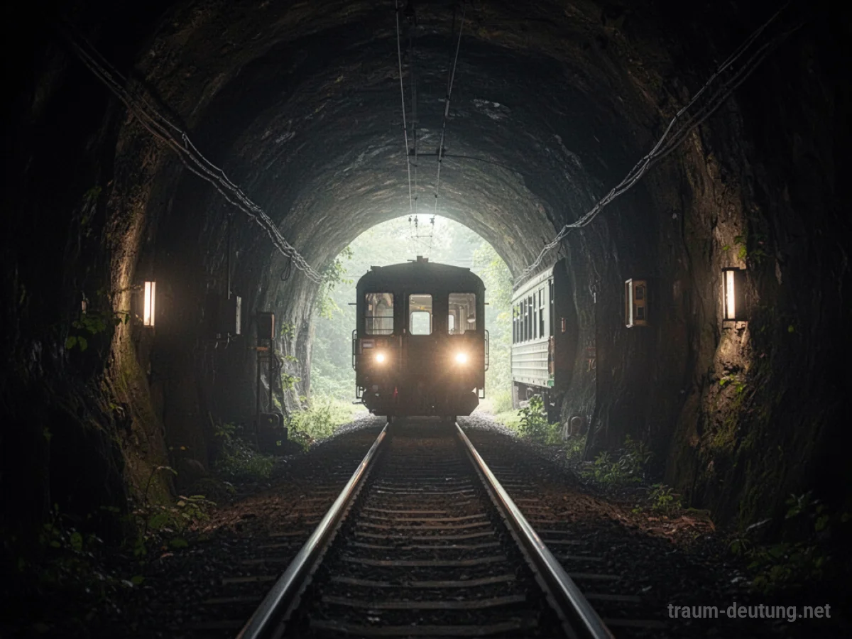 Eine Eisenbahn fährt durch einen dunklen Tunnel auf ein Licht zu.