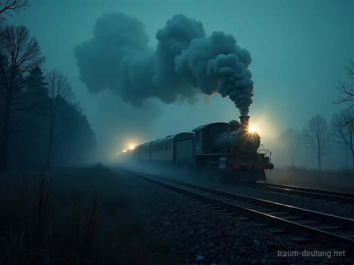 Eine Eisenbahn, die in der Ferne laut pfeift, als Silhouette vor einem diffusen Licht.
