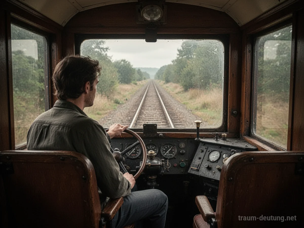 Person am Steuer einer Eisenbahn, die auf einer geraden Strecke fährt.