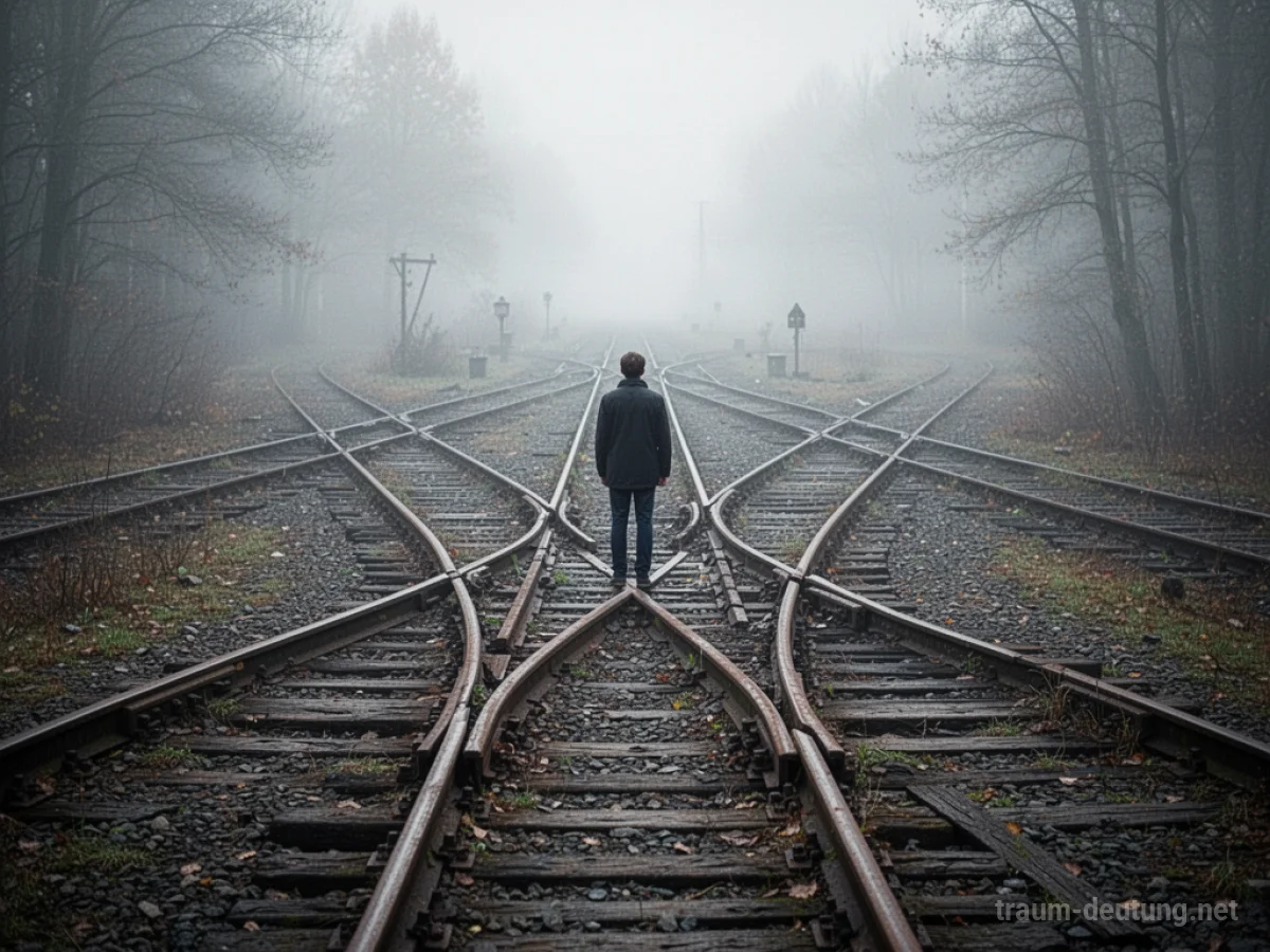 Eine Person an einer Weggabelung mit mehreren Eisenbahnschienen, die in den Nebel führen.