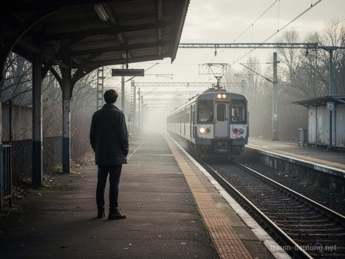 Person steht auf leerem Bahnsteig und sieht wegfahrende Eisenbahn.