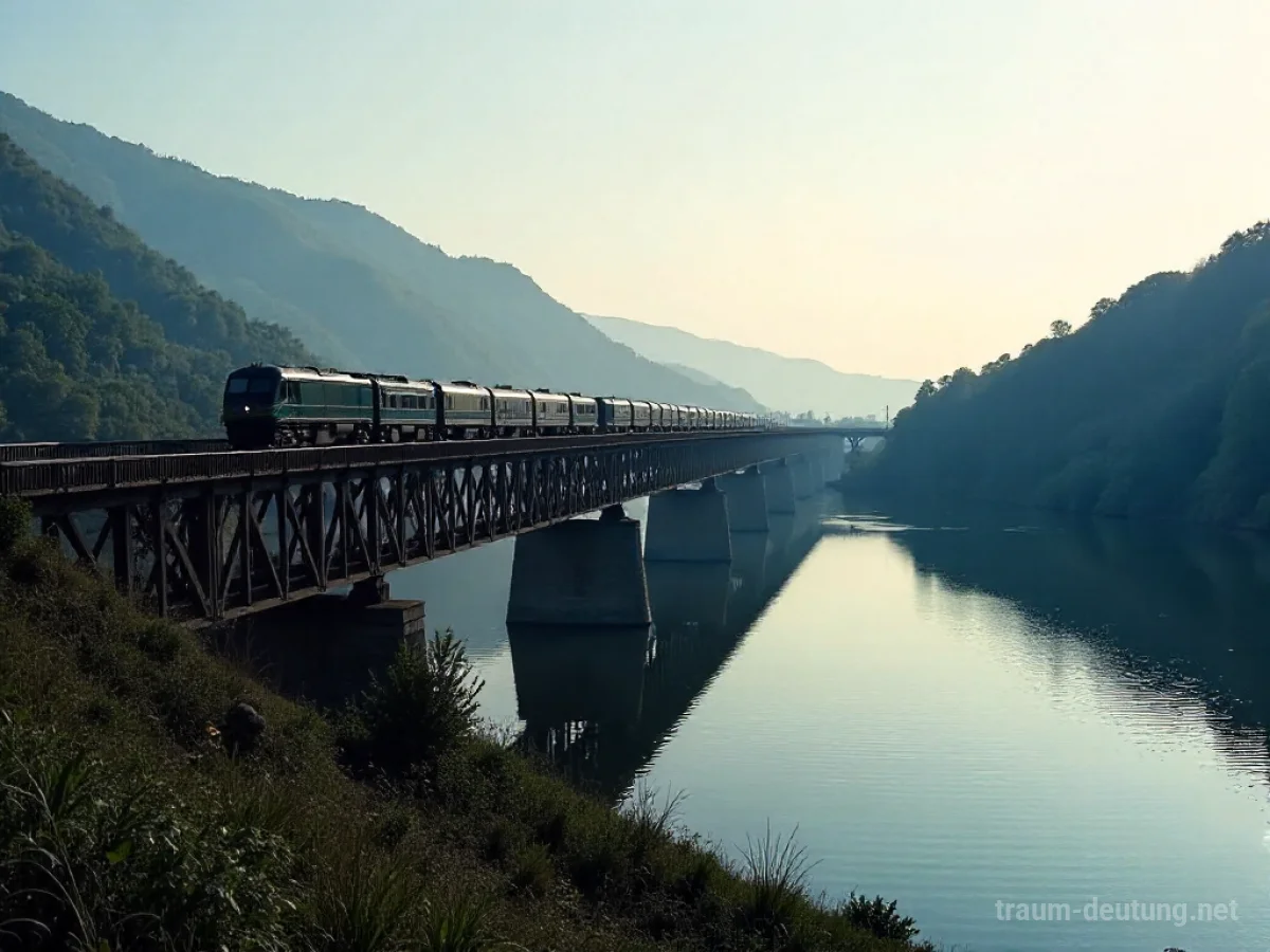 Eine stabile Eisenbahnbrücke über einem Fluss mit einem Zug in der Ferne.