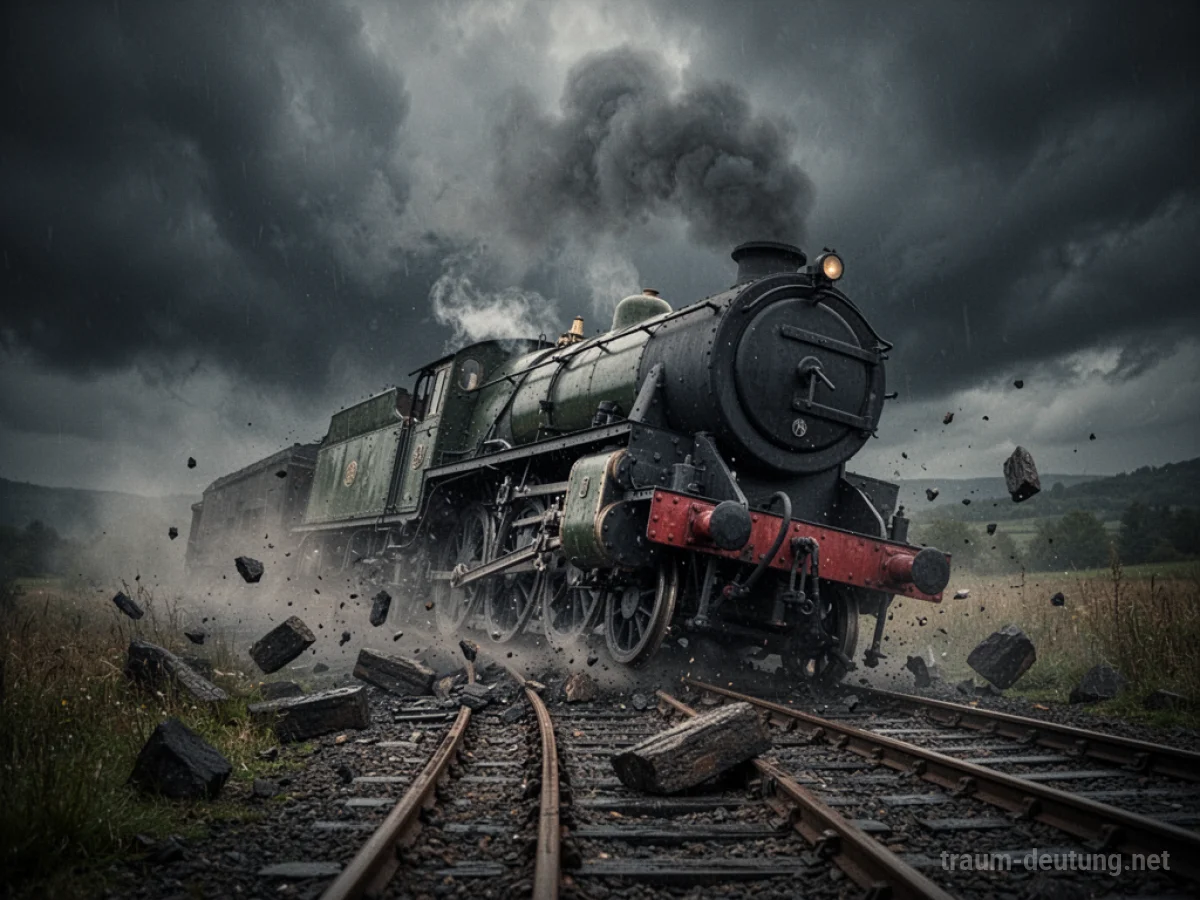 Eine entgleiste Dampflokomotive auf Bahngleisen mit aufsteigendem Rauch.