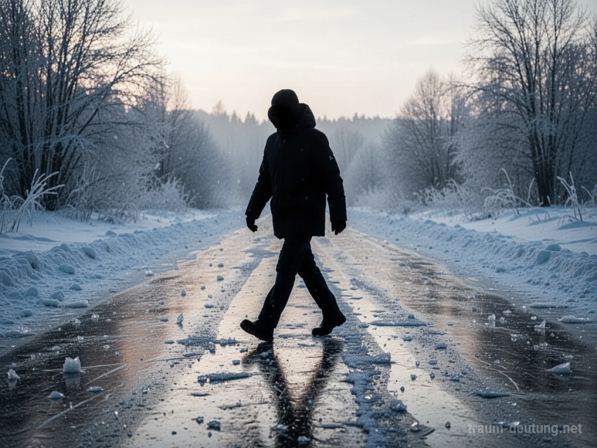 Eine Person überquert vorsichtig eine eisige Straße im verschneiten Umfeld.
