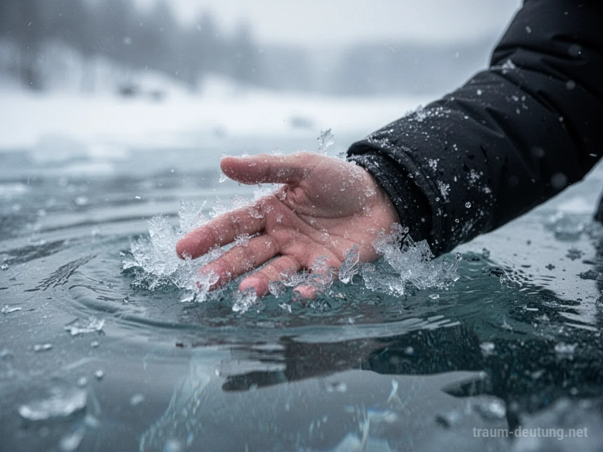 Hand taucht in eisiges Wasser, Eiskristalle bilden sich