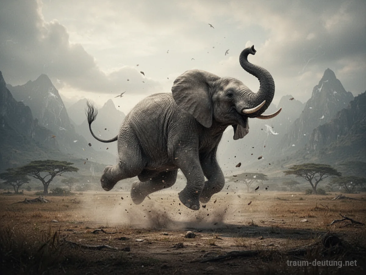 Ein großer Elefant fällt auf dem Boden in einer traumhaften Landschaft.