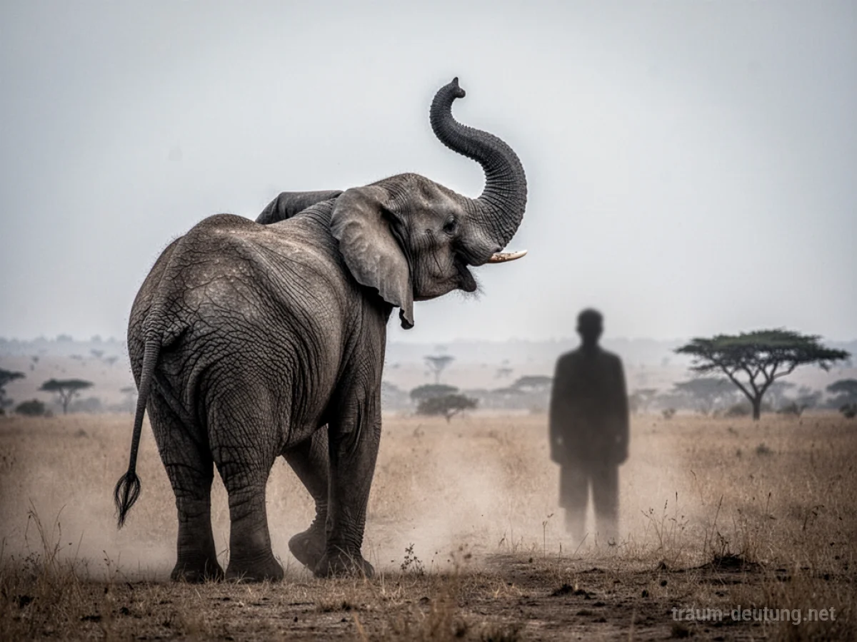 Ein Elefant steht bedrohlich vor einer schemenhaften menschlichen Figur in einer staubigen Savanne.