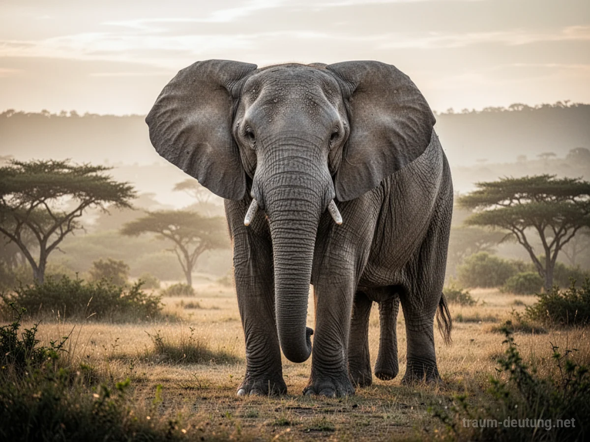 Großer Elefant steht in einer ruhigen Naturlandschaft.
