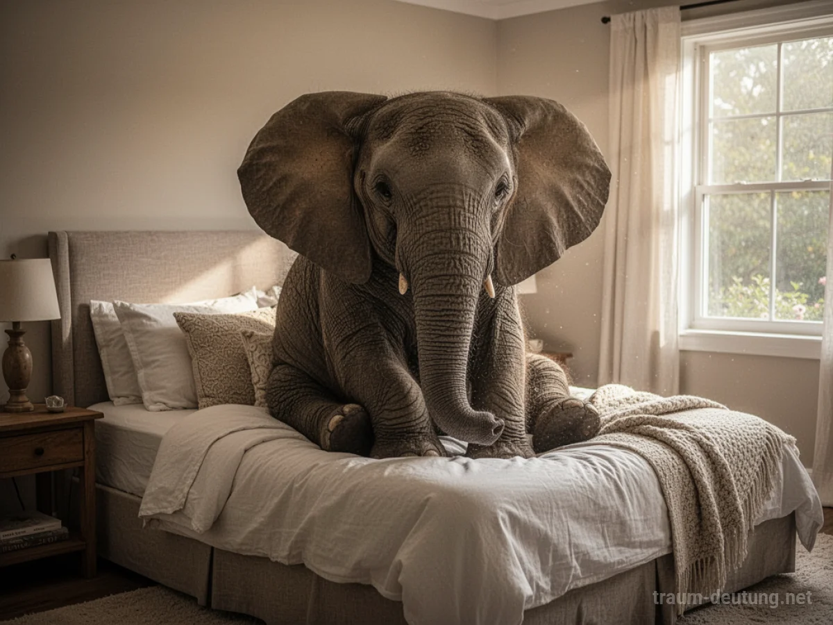 Ein sanfter Elefant sitzt ruhig auf einem Bett in einem Schlafzimmer.