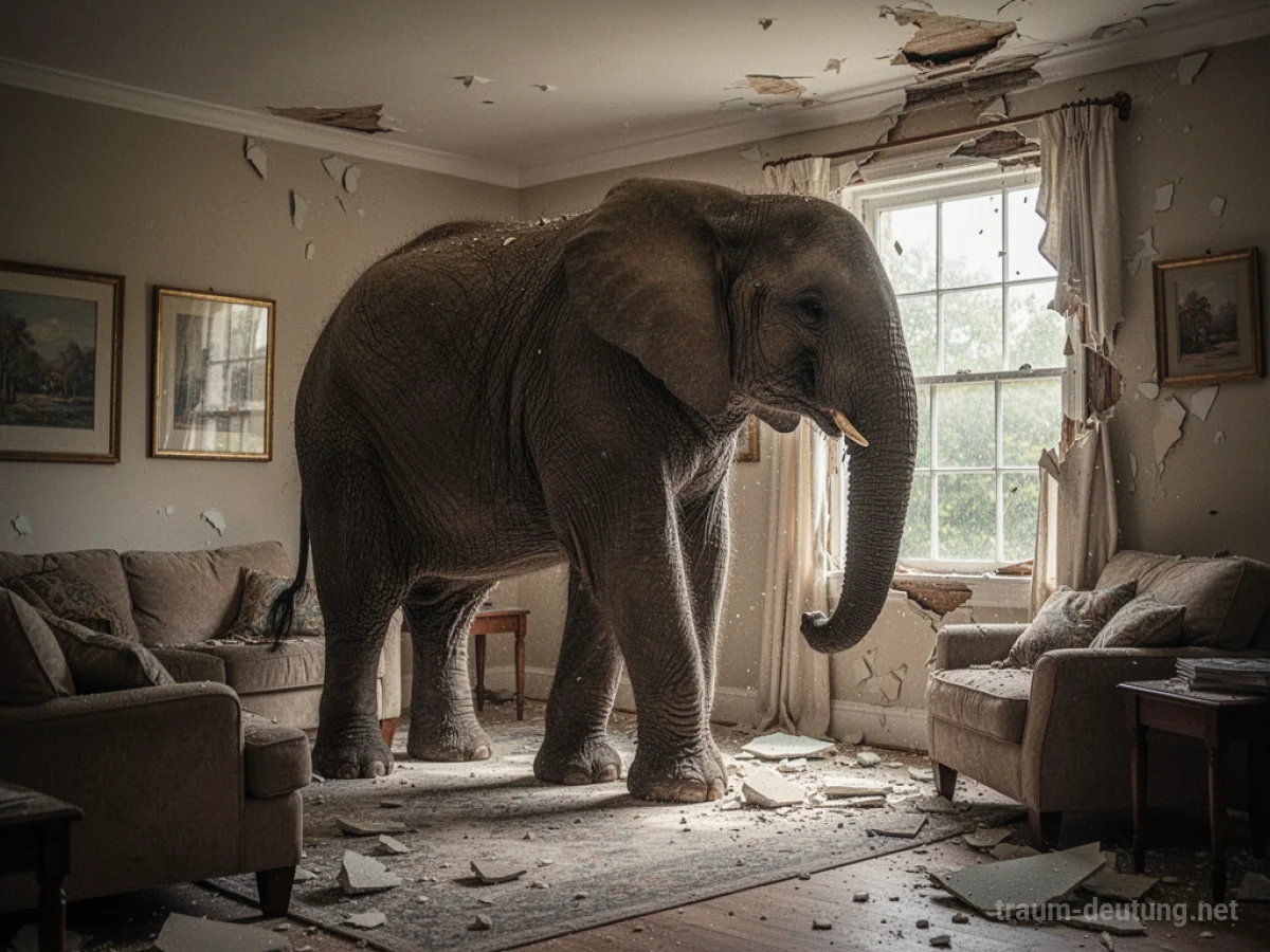 Ein Elefant steht in einem Wohnzimmer, blickt aus dem Fenster.