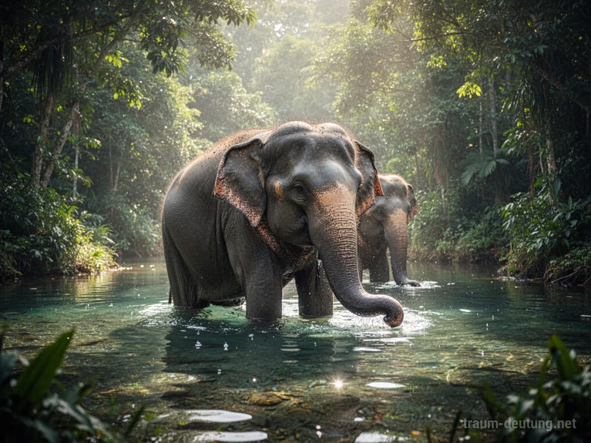 Elefant badet friedlich in klarem Wasser, umgeben von grüner Natur.