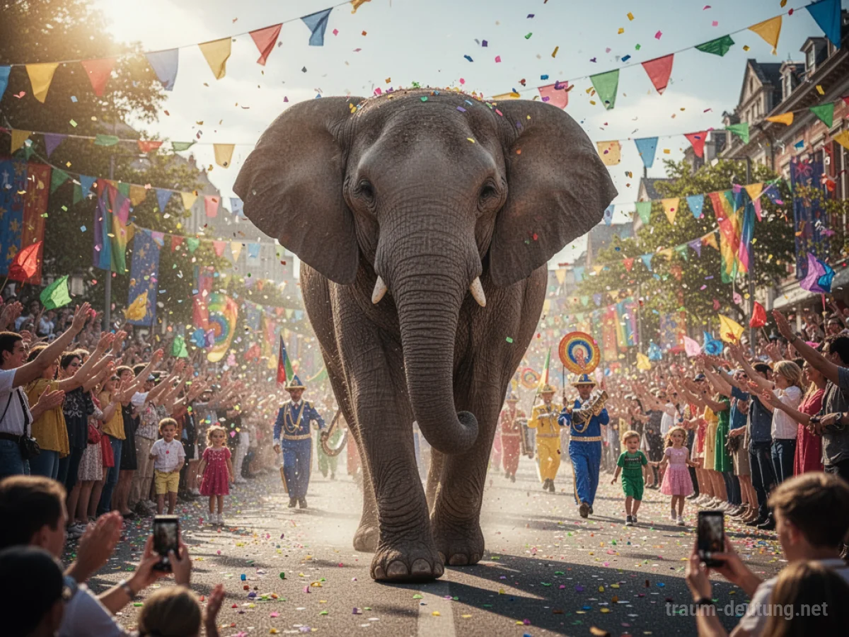 Ein Elefant führt eine bunte Parade an, umgeben von Menschen.