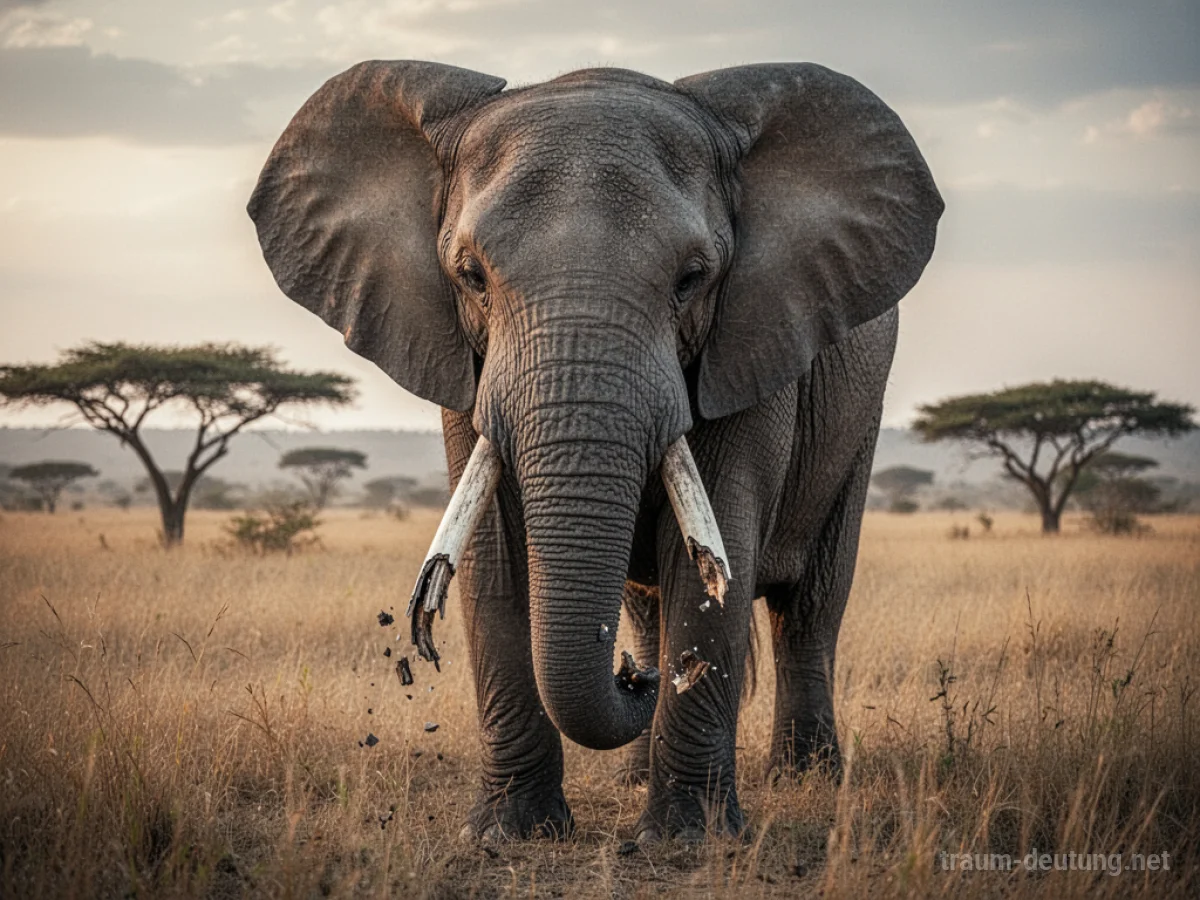 Elefant steht in der Savanne und blickt auf seine abgebrochenen Stoßzähne.