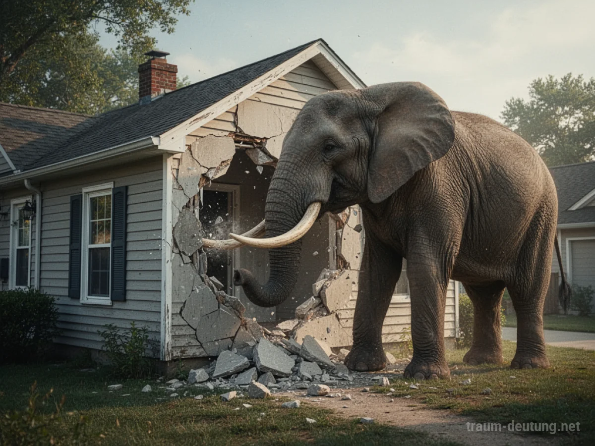 Ein Elefant durchbricht die Wand eines Hauses.