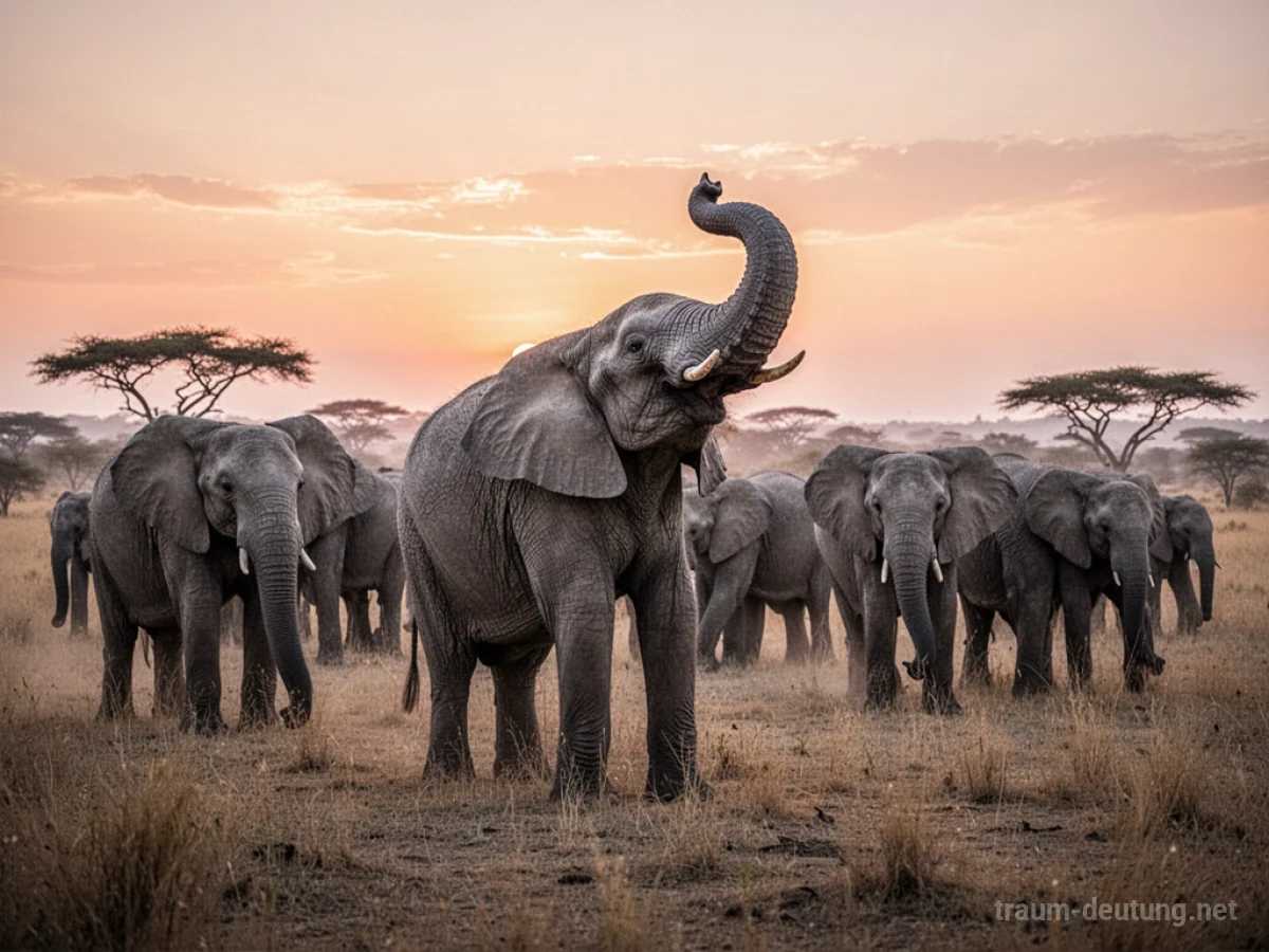 Eine Herde Elefanten in der Savanne, ein Elefant stößt laut trompetend.
