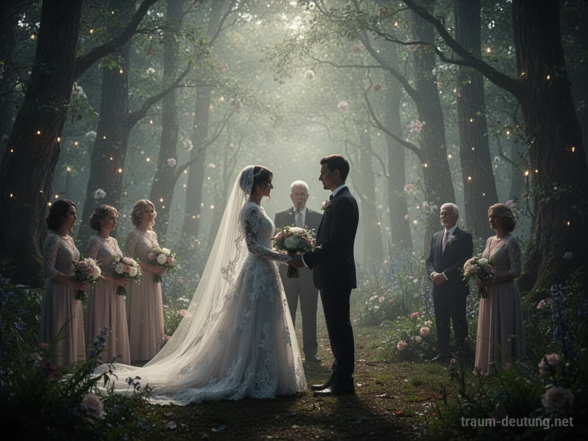 Symbolische Hochzeit zweier Elternfiguren im Wald