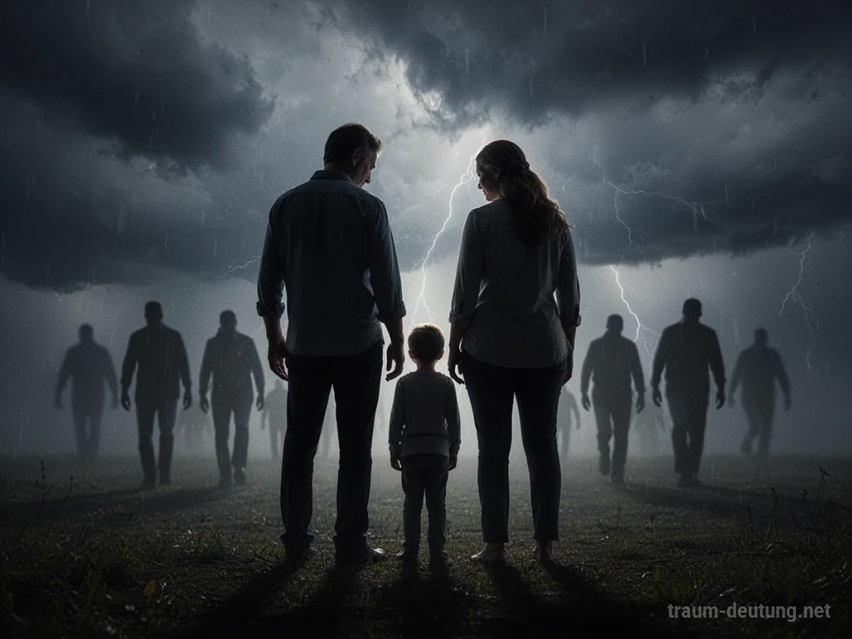 Silhouetten von Eltern, die ein Kind beschützen, während dunkle Schatten sich nähern.