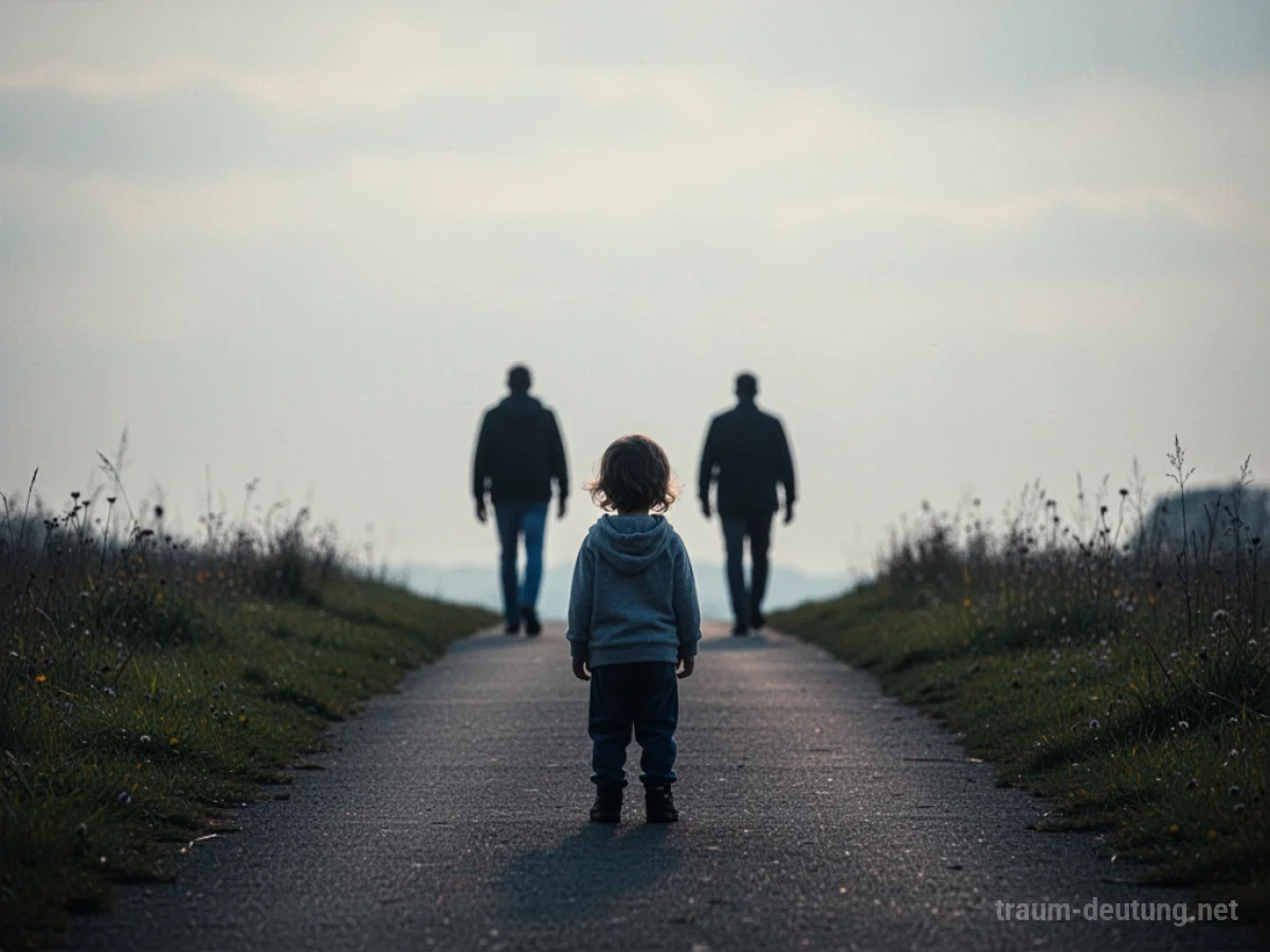 Kind steht allein auf einem Weg, während zwei erwachsene Silhouetten weggehen