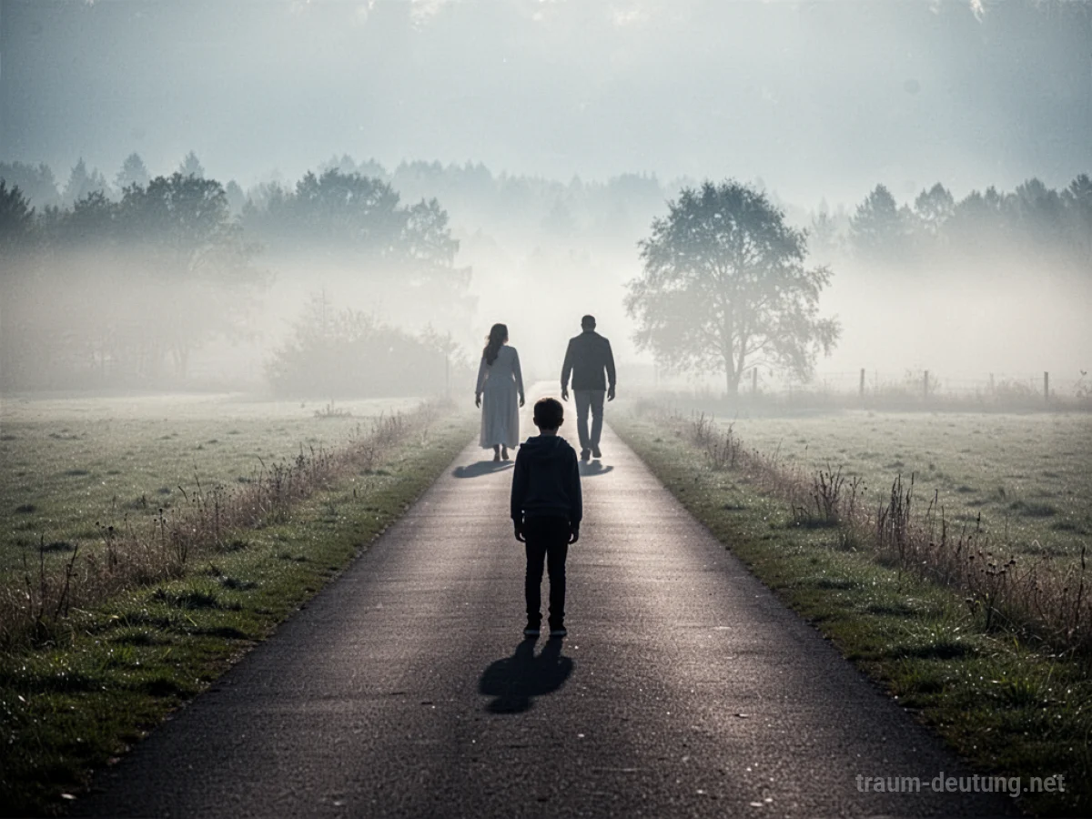 Eine einzelne Figur steht am Ende eines Weges, während sich Silhouetten von Eltern entfernen.