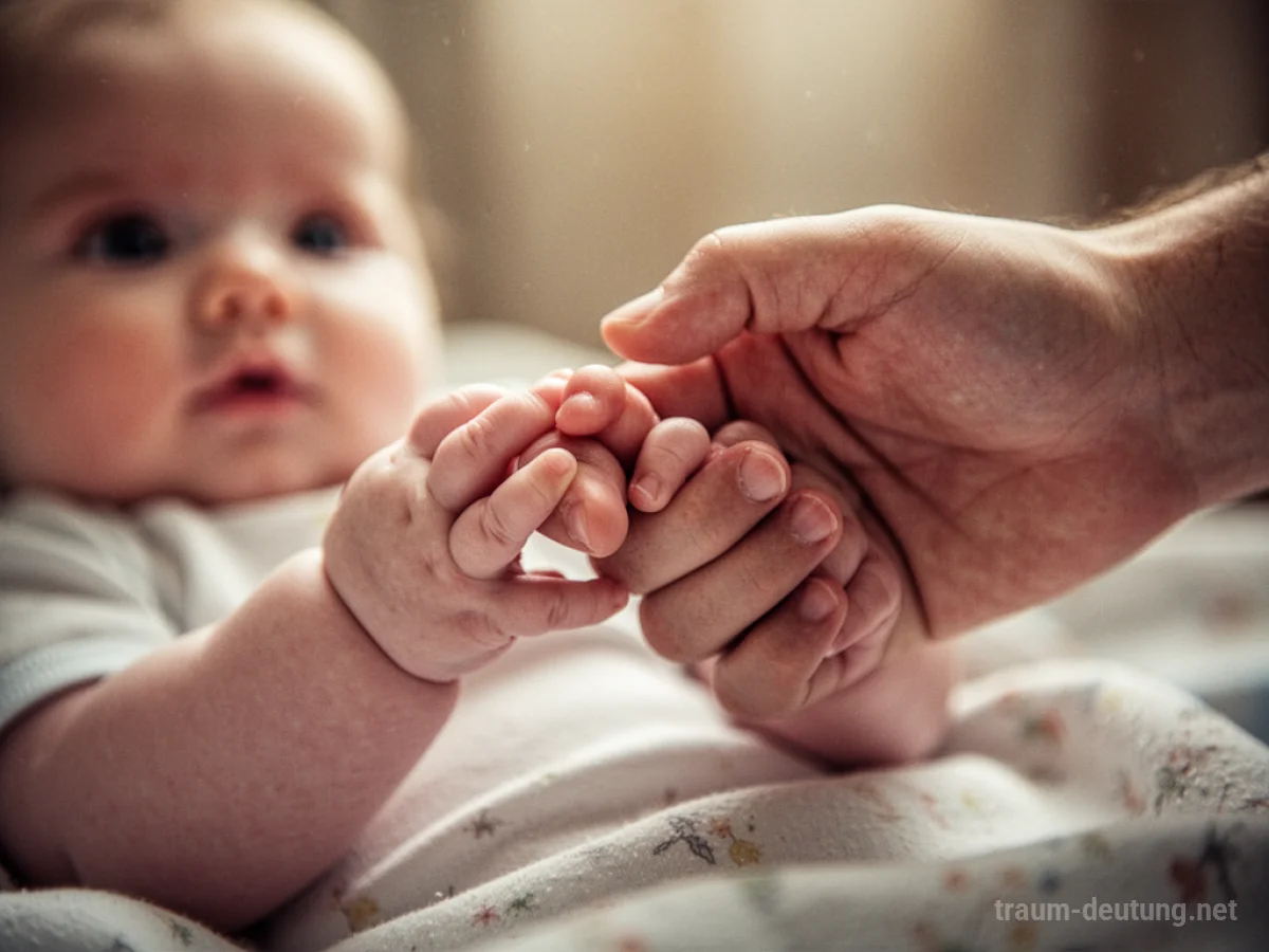 Babyhände halten einen Finger, was den Enkel als Baby im Traum symbolisiert.