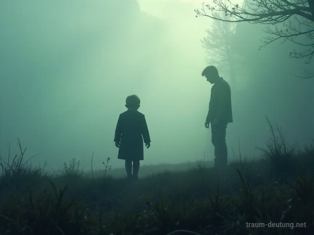 Schattenfigur eines Kindes, das im Nebel verschwindet, mit einer Silhouette eines besorgten Erwachsenen im Hintergrund.