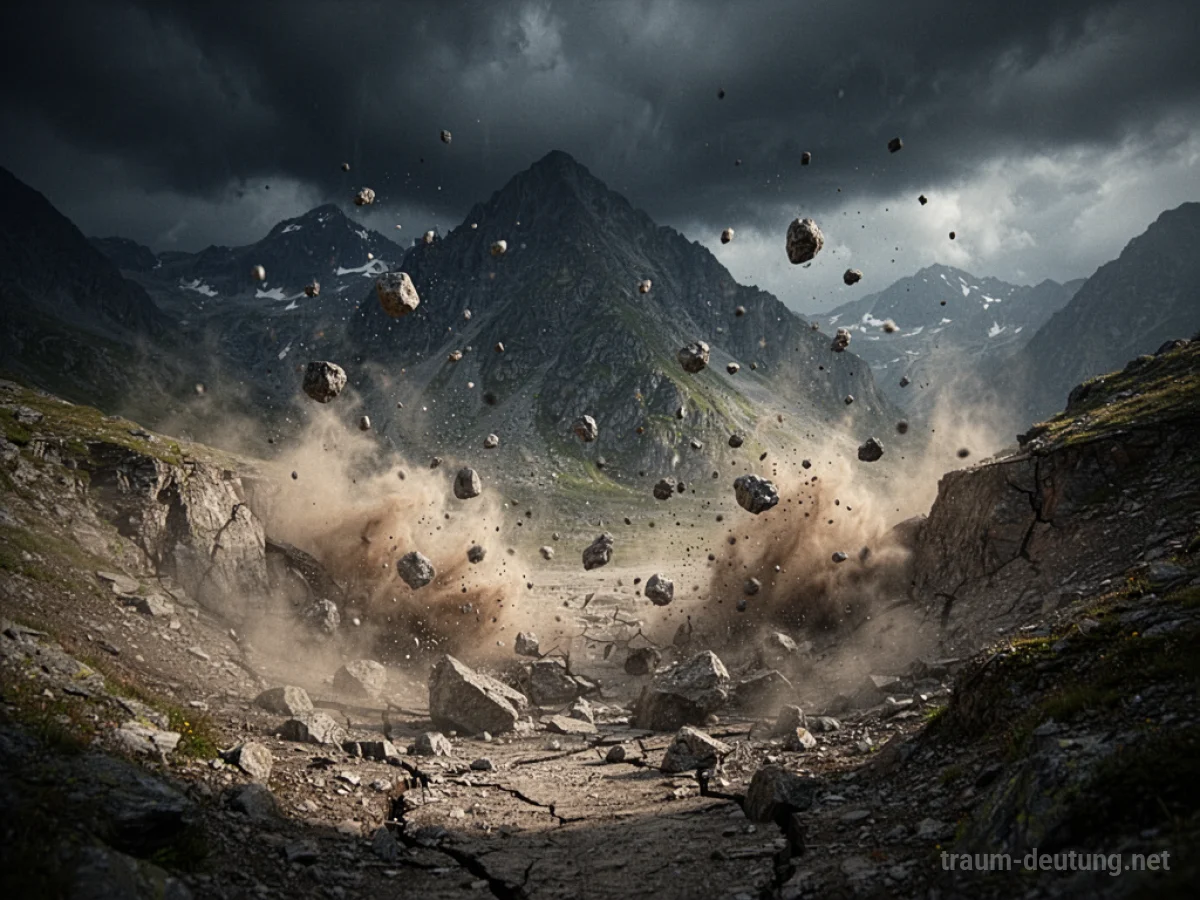 Berglandschaft erschüttert von einem Erdbeben mit herabfallendem Gestein.