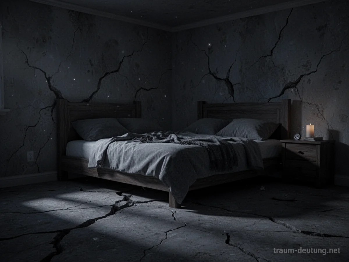 Ein Schlafzimmer bei Nacht mit feinen Rissen in den Wänden.