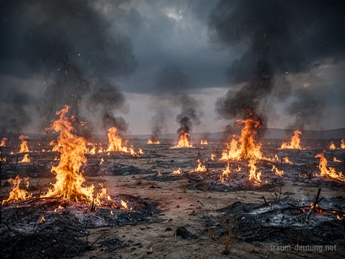 Weite Landschaft in Flammen unter dunklem Himmel