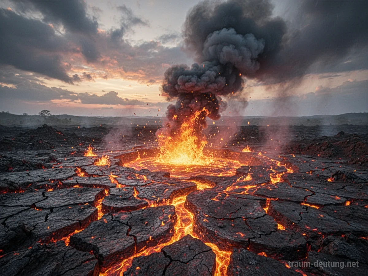 Rissige Erde, aus der flüssige Lava aufsteigt, vor einem dramatischen Himmel.